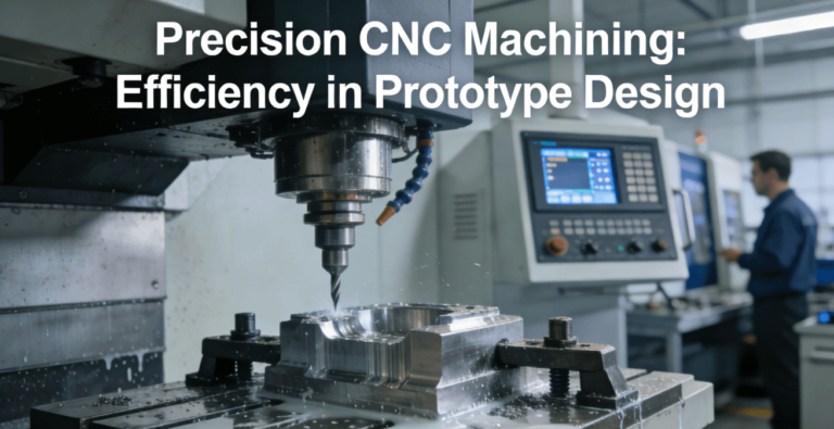 High-precision CNC machine in action, manufacturing a prototype part with automated tools in an industrial setting.