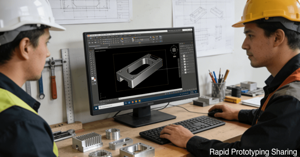 Engineering team collaborating on prototype design using CNC machining tools and digital software for rapid iteration.