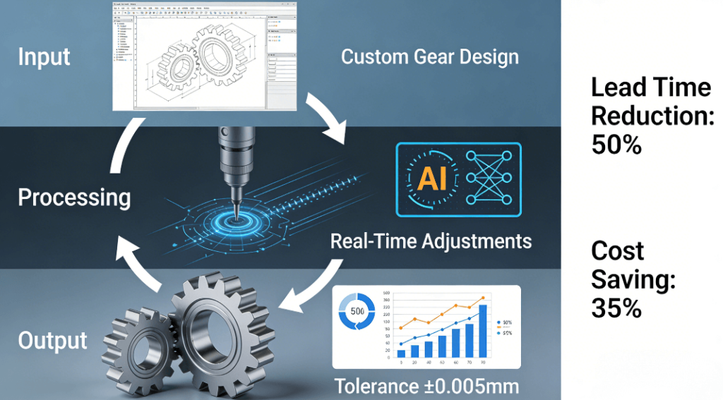 Technical flowchart illustrating the precision gear machining process, including CAD design input, dynamic toolpath optimization with AI integration, and quality control steps for achieving 50% faster production.